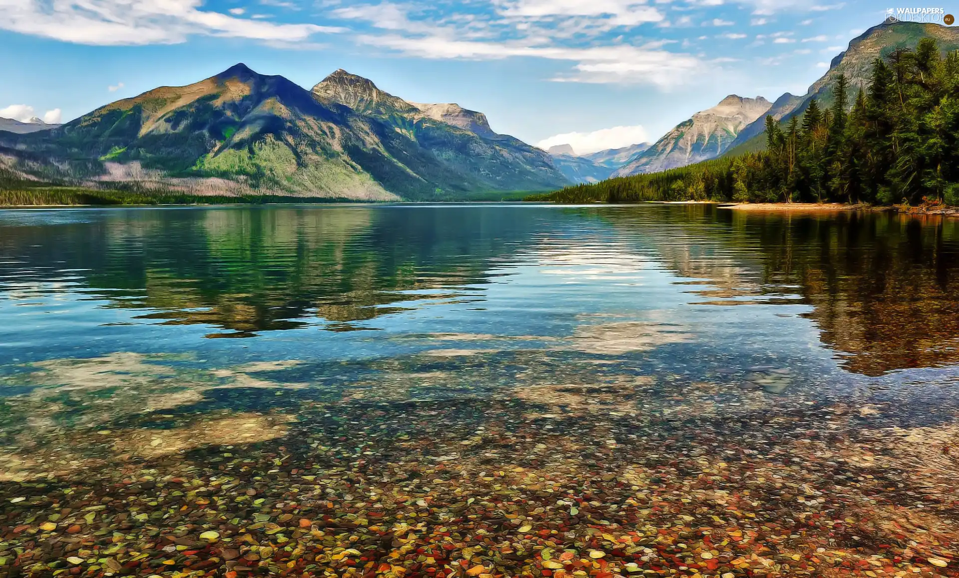 lake, trees, viewes, Mountains