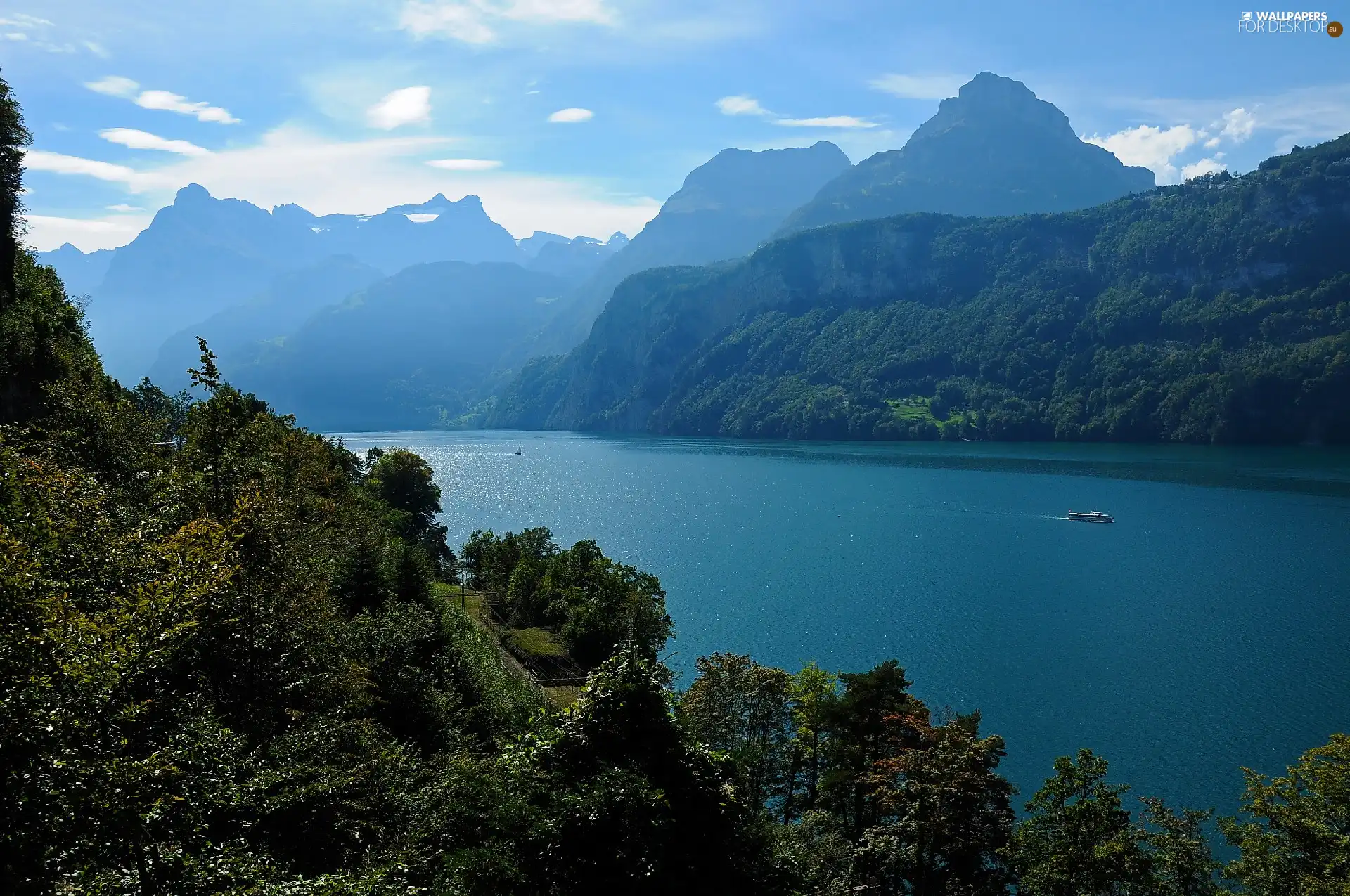 lake, trees, viewes, Mountains