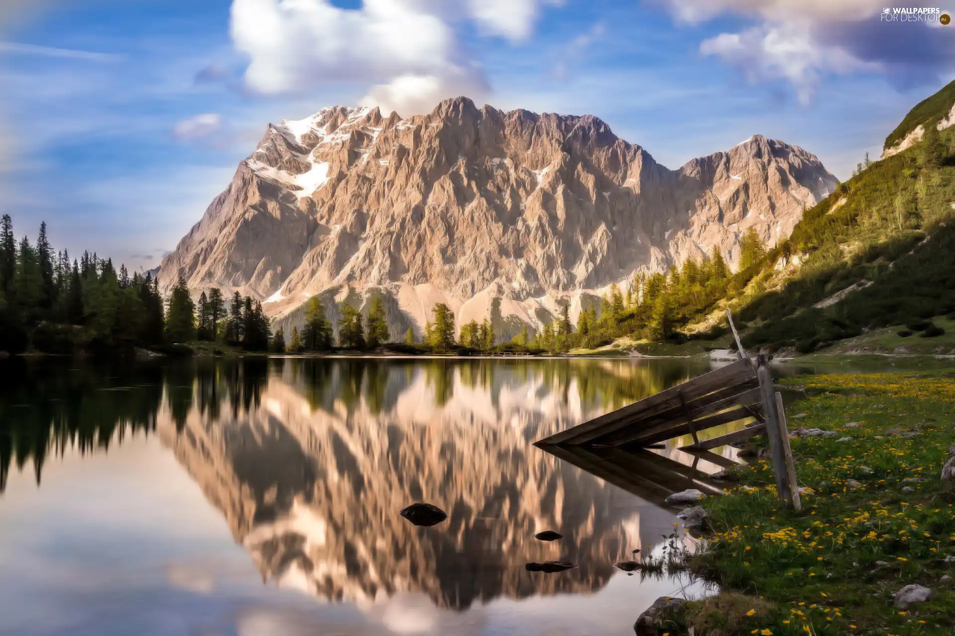 viewes, reflection, Mountains, trees, lake