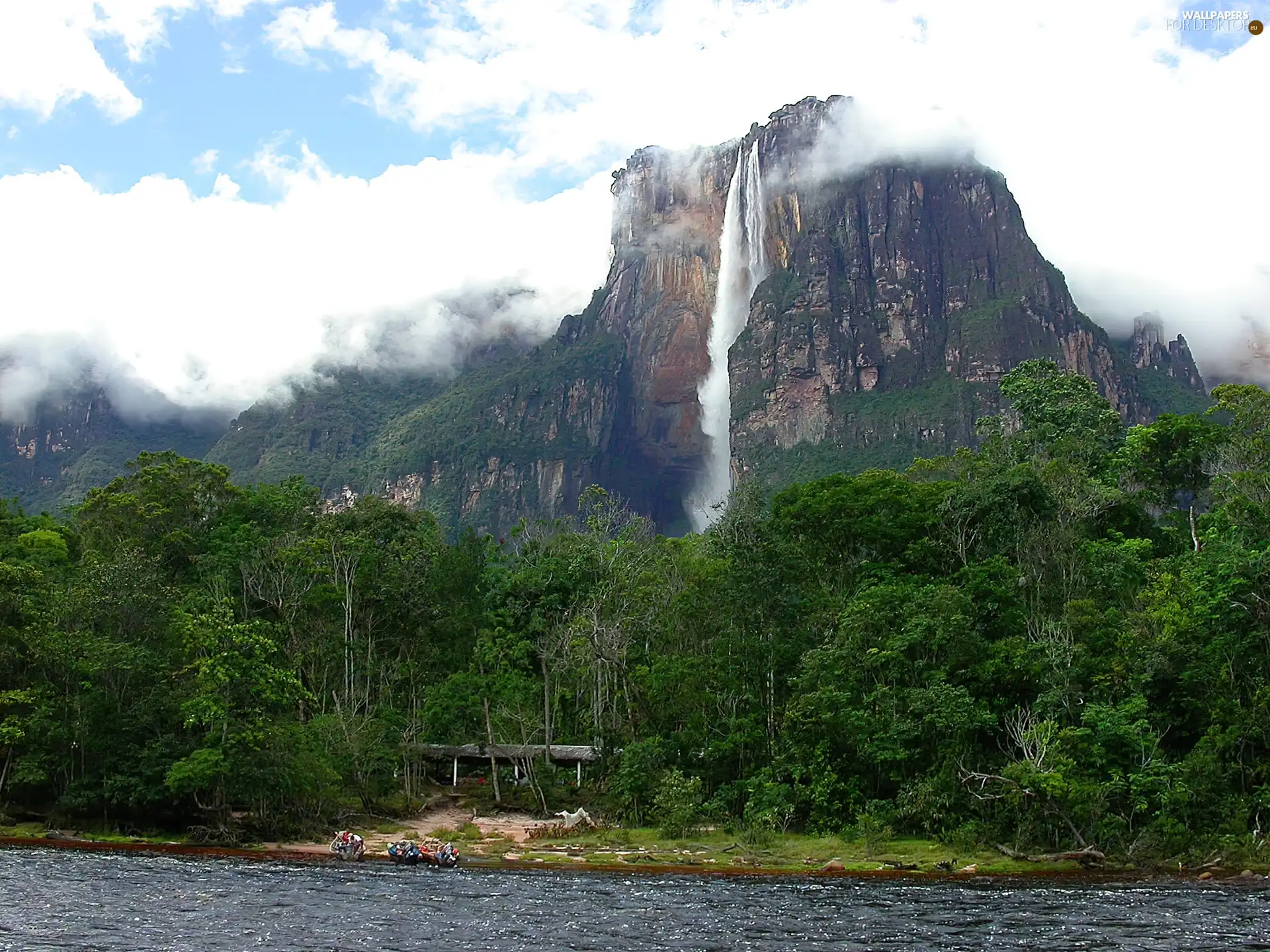 viewes, River, waterfall, trees, mountains