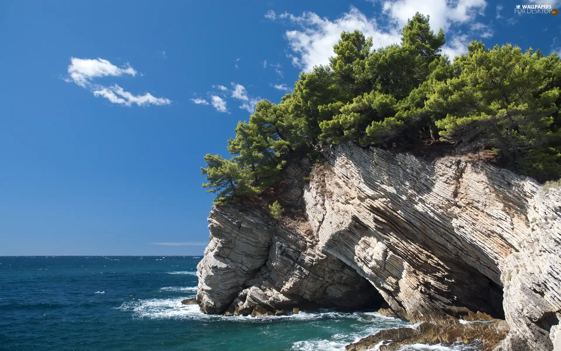 viewes, Rocks, clouds, trees, sea