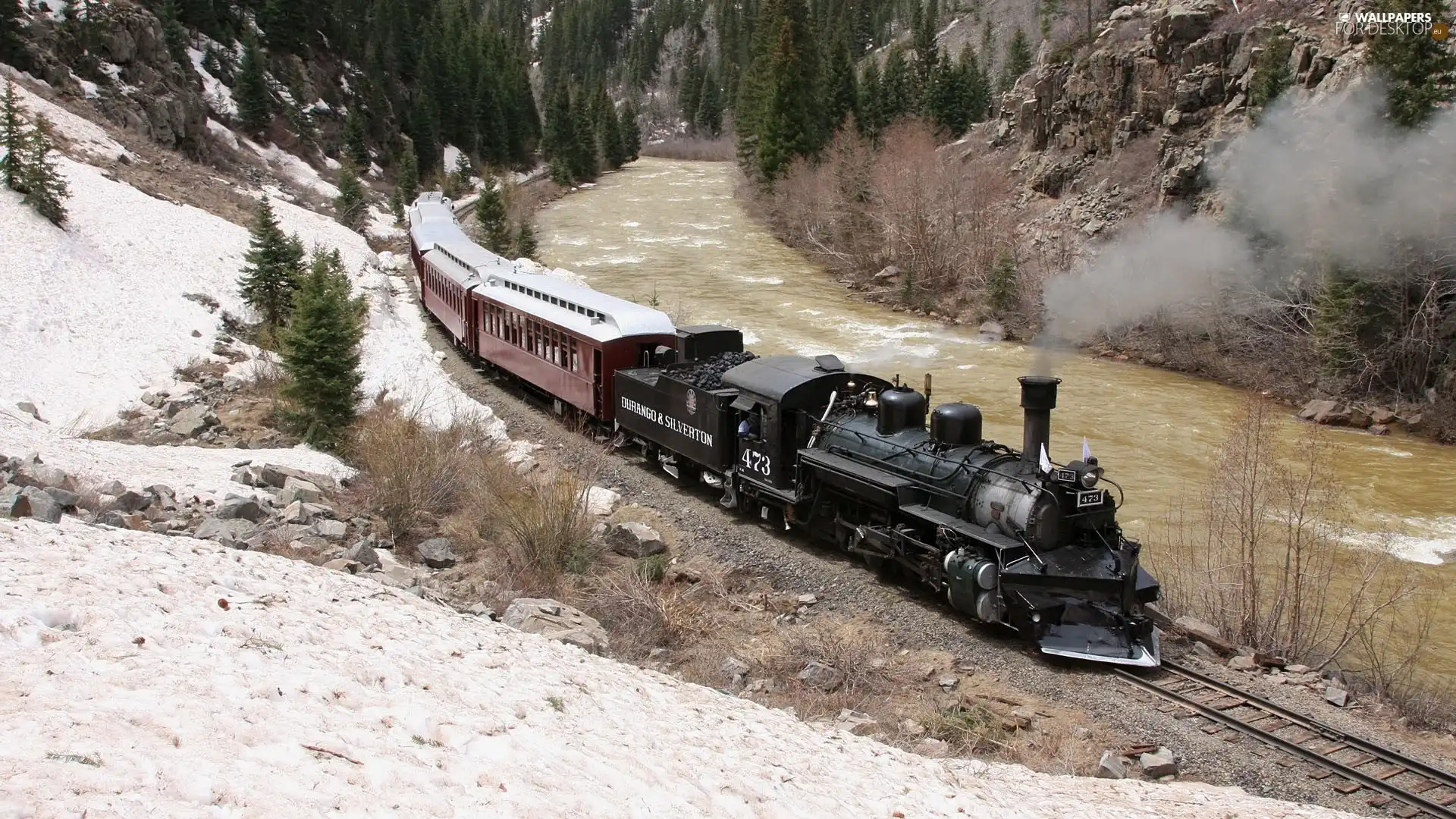 viewes, rocks, River, trees, Train