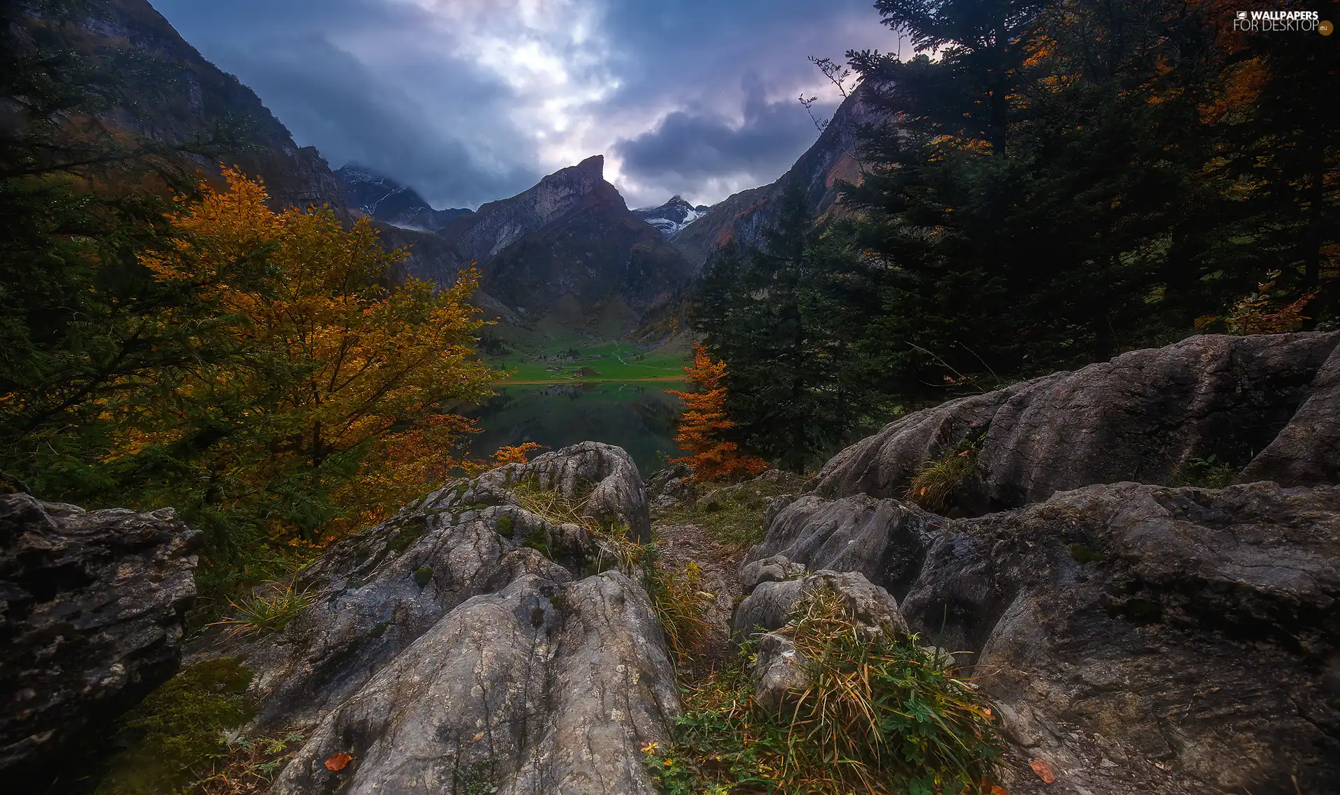 lake, autumn, viewes, rocks, trees, Mountains