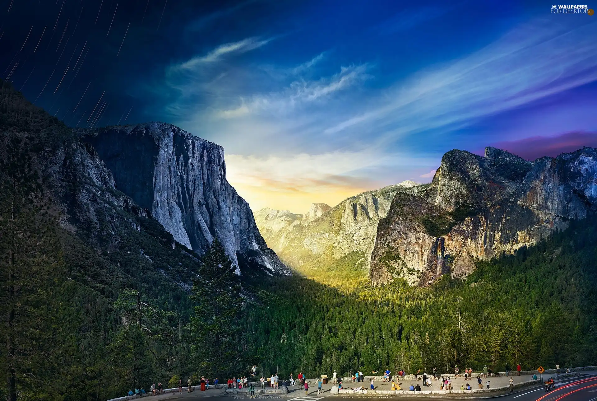 viewes, Sky, Tourists, trees, Mountains