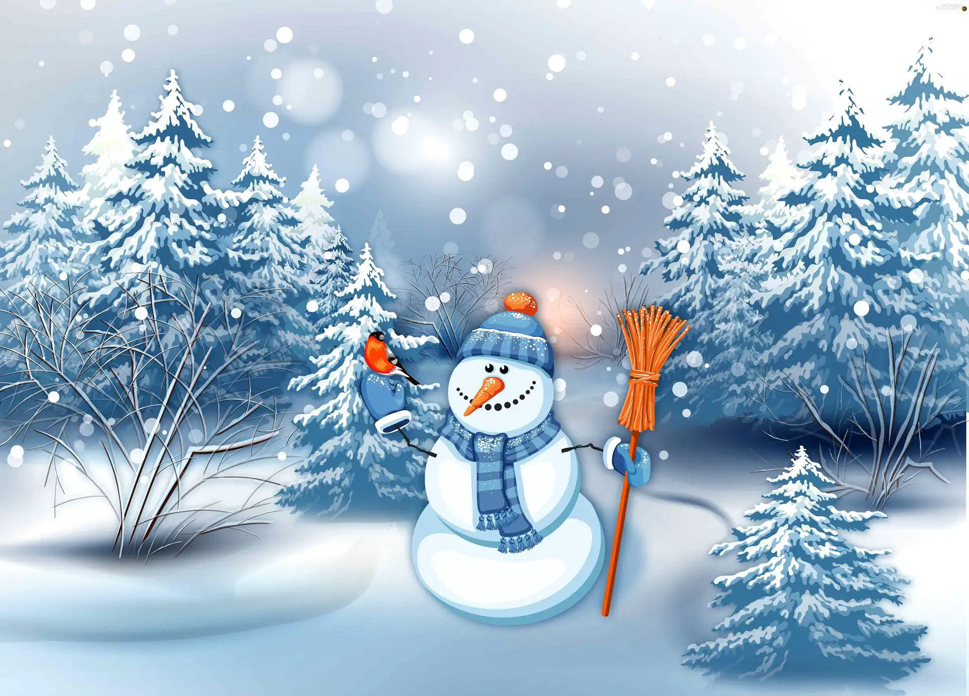 Snowy, winter, viewes, snow, trees, Snowman