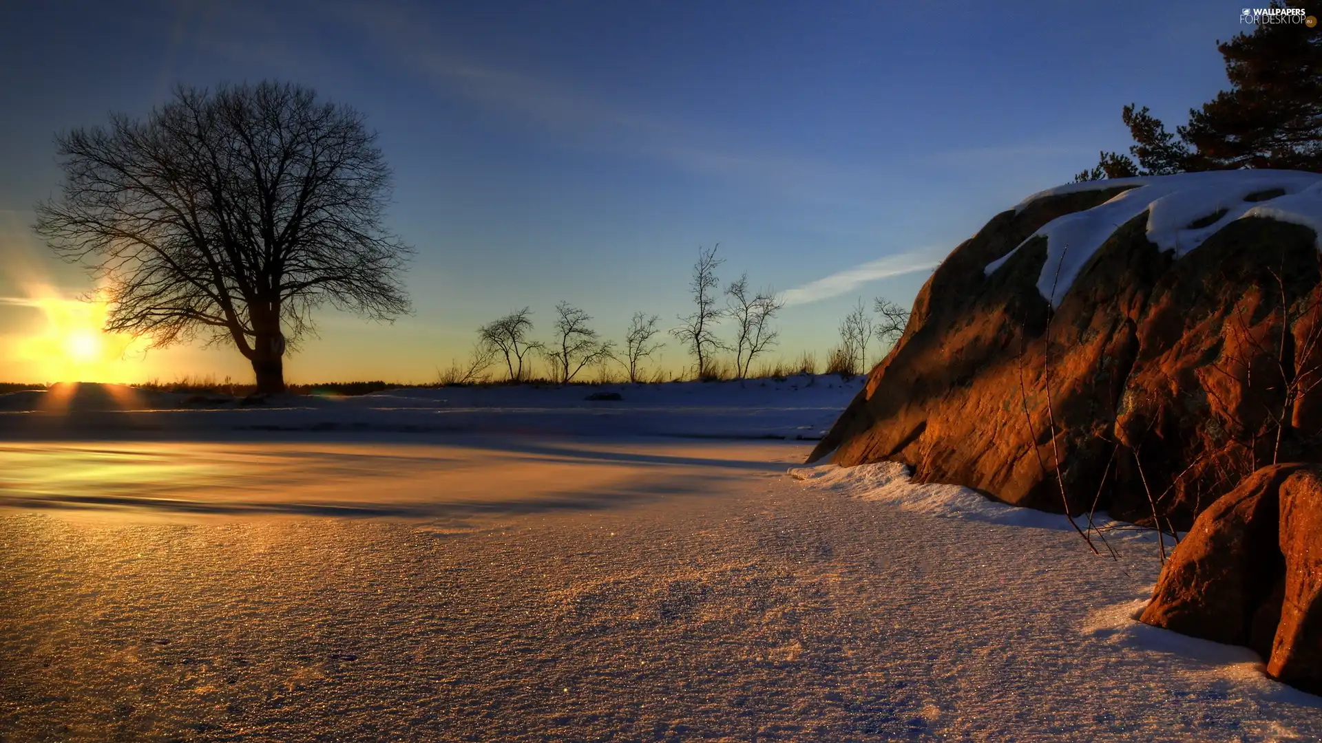 viewes, snow, Stones rocks, trees, west