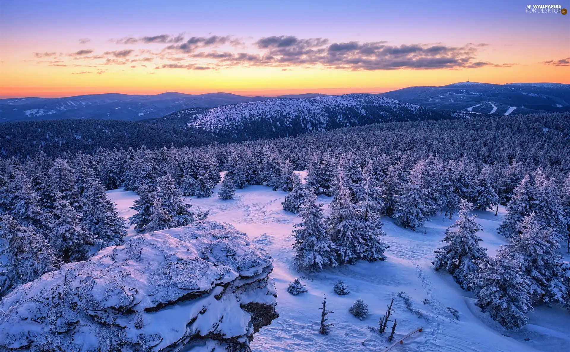 viewes, snow, Great Sunsets, Mountains, clouds, trees, woods, winter