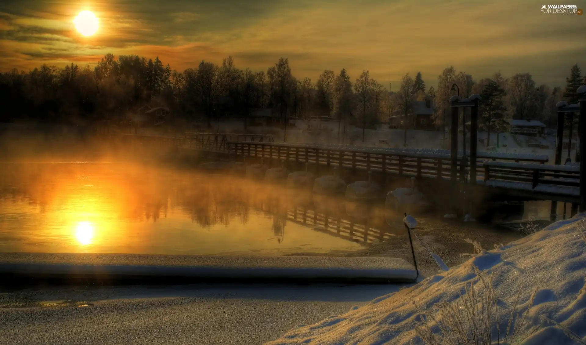 trees, viewes, winter, clouds, sun, bridge, River, west