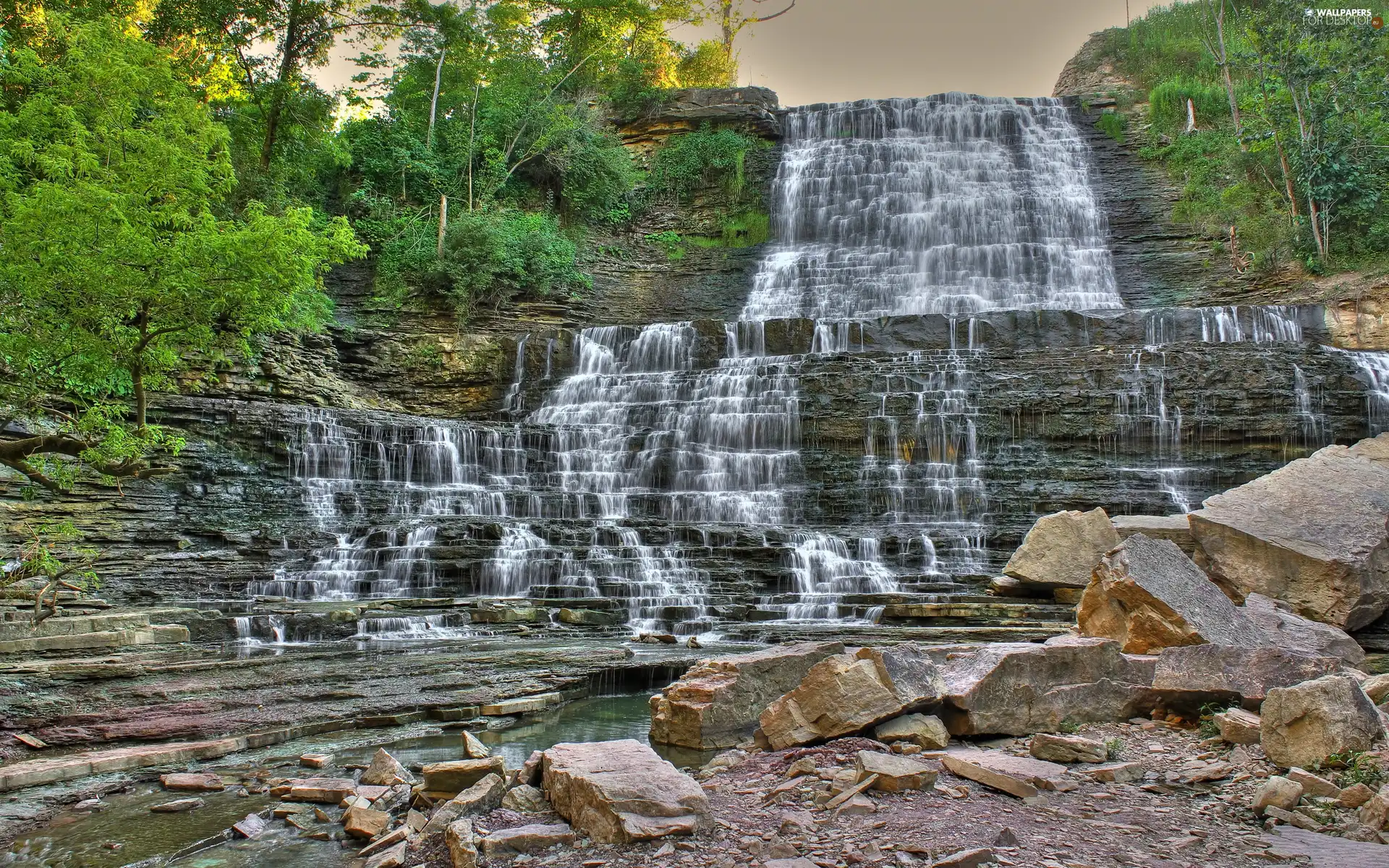 waterfall, trees, viewes, rocks