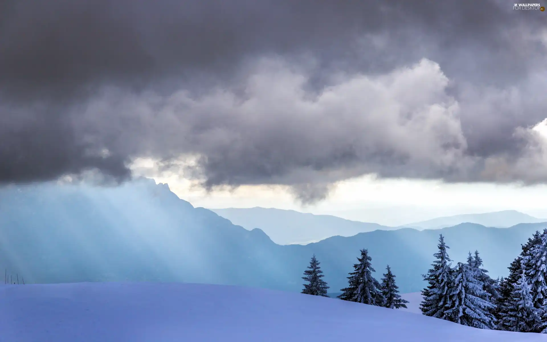 viewes, winter, Mountains, trees, clouds