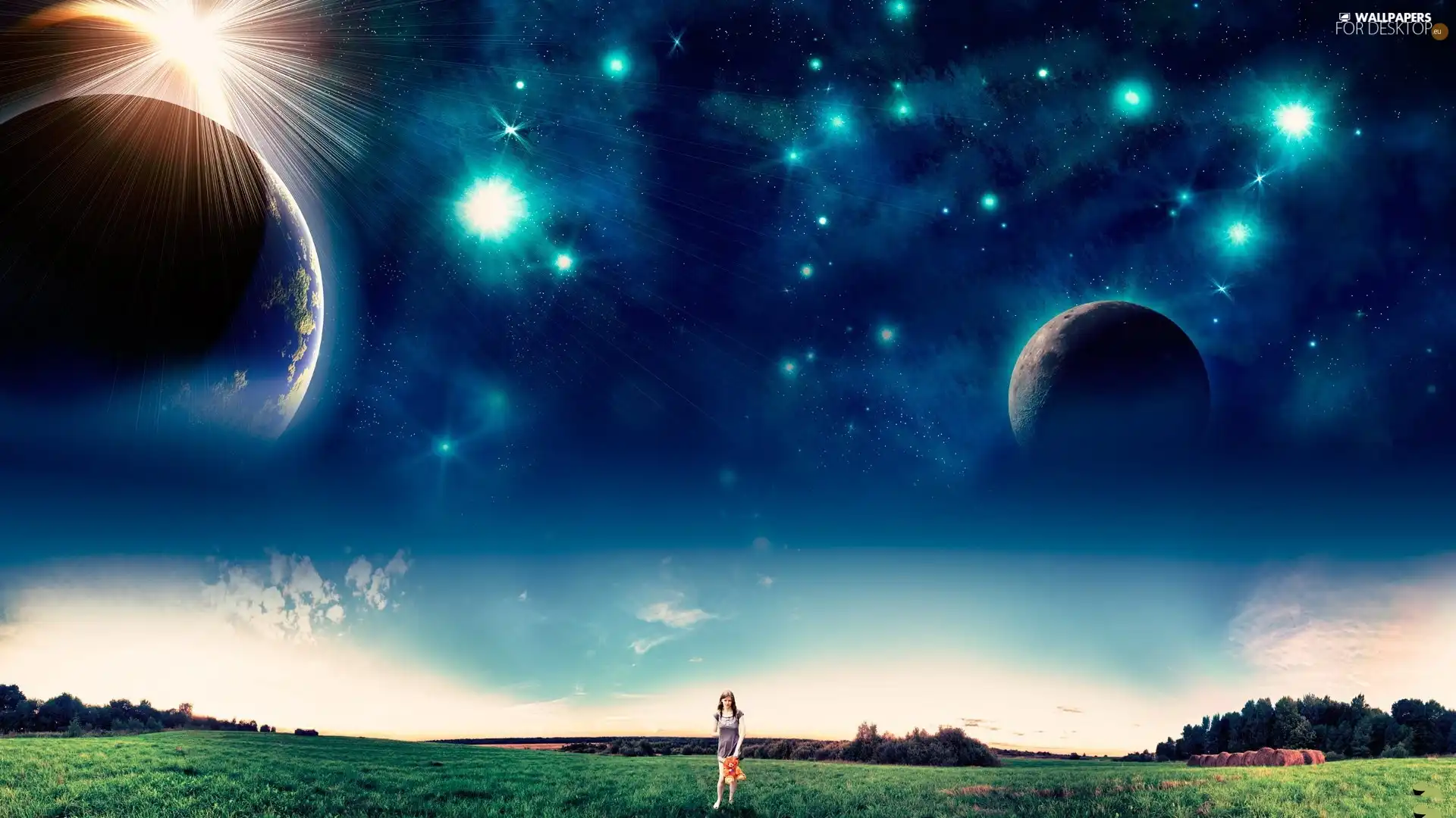 walking, girl, star, Planets, Sky