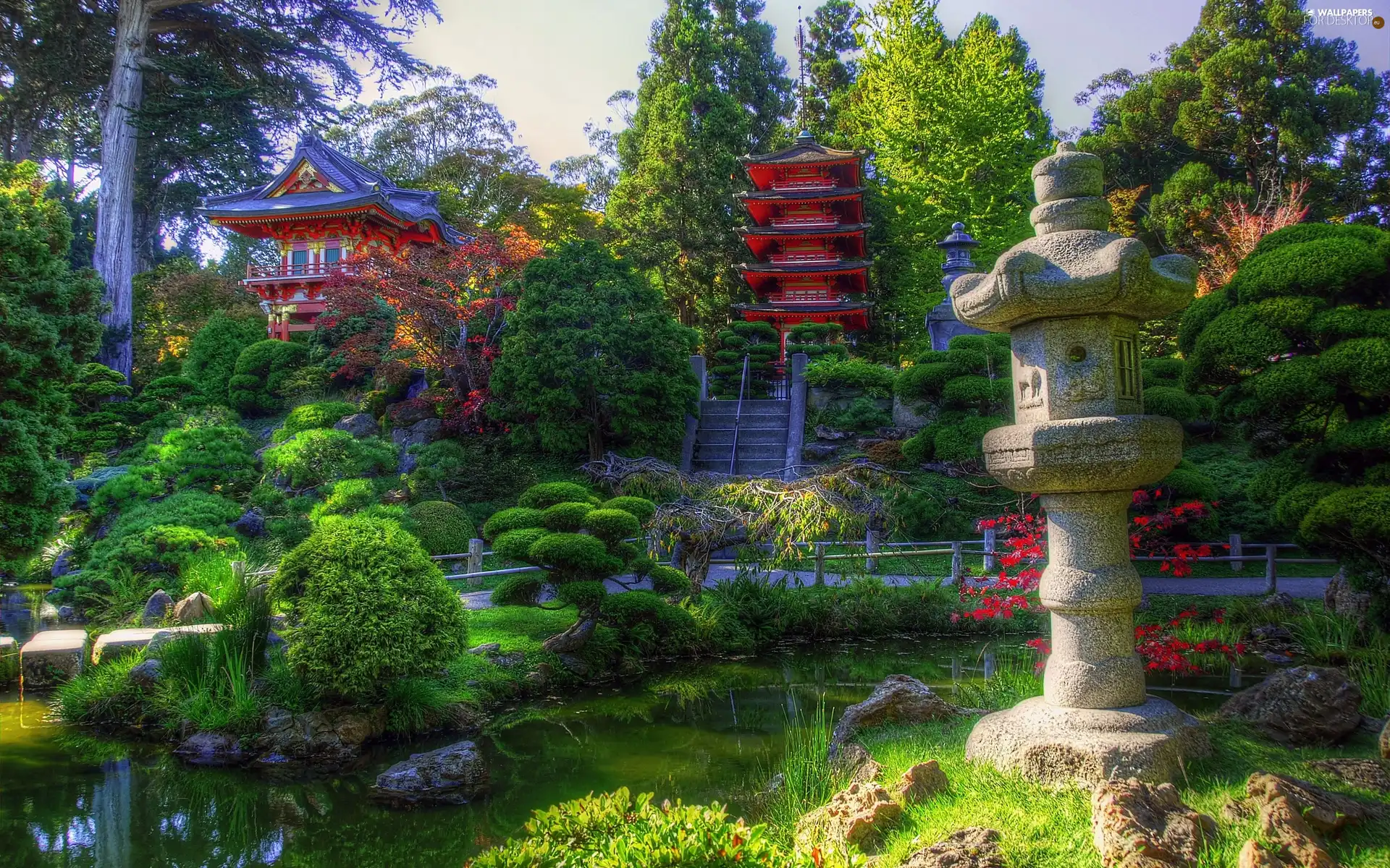 container, Garden, Flower-beds, Alleys, japanese, water, Houses