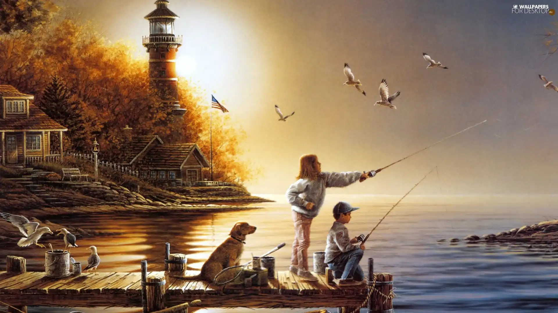 water, dog, Lighthouse, Kids, lake