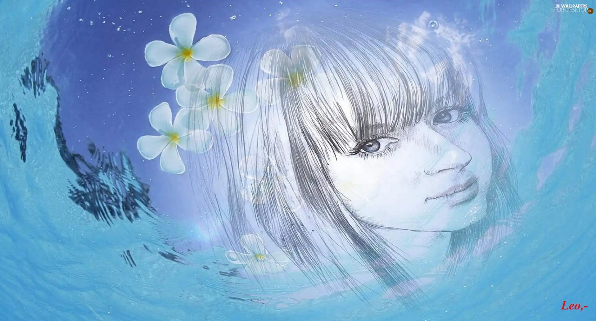 water, face, Flowers