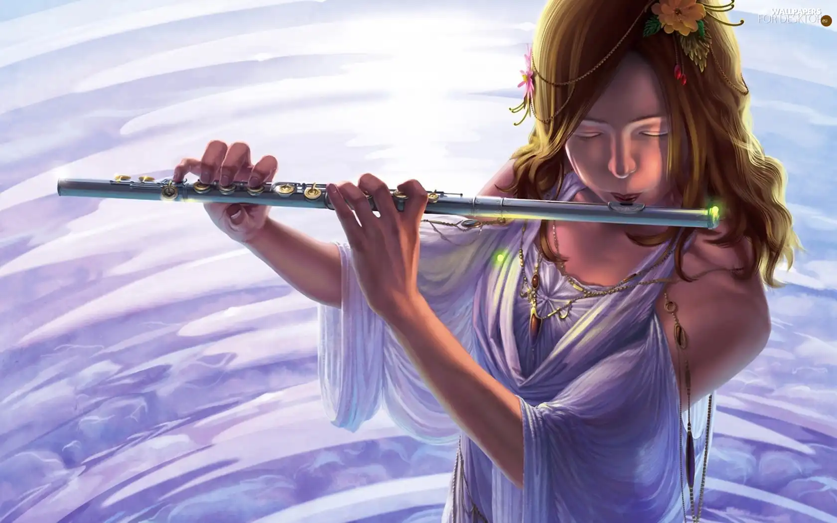 water, girl, flute