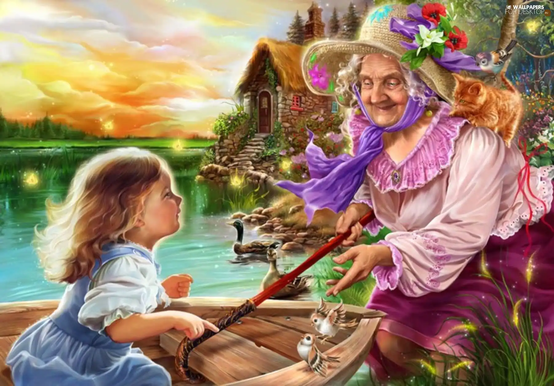 water, Home, grandmother, animals, Kid