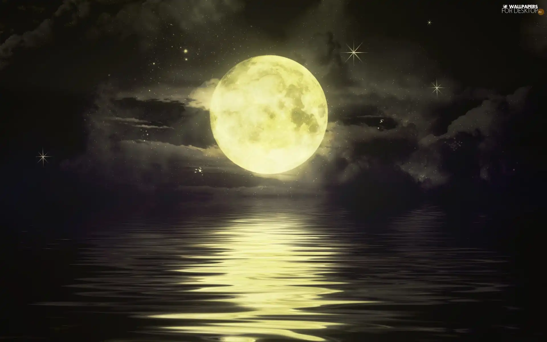 moon, clouds, water, star