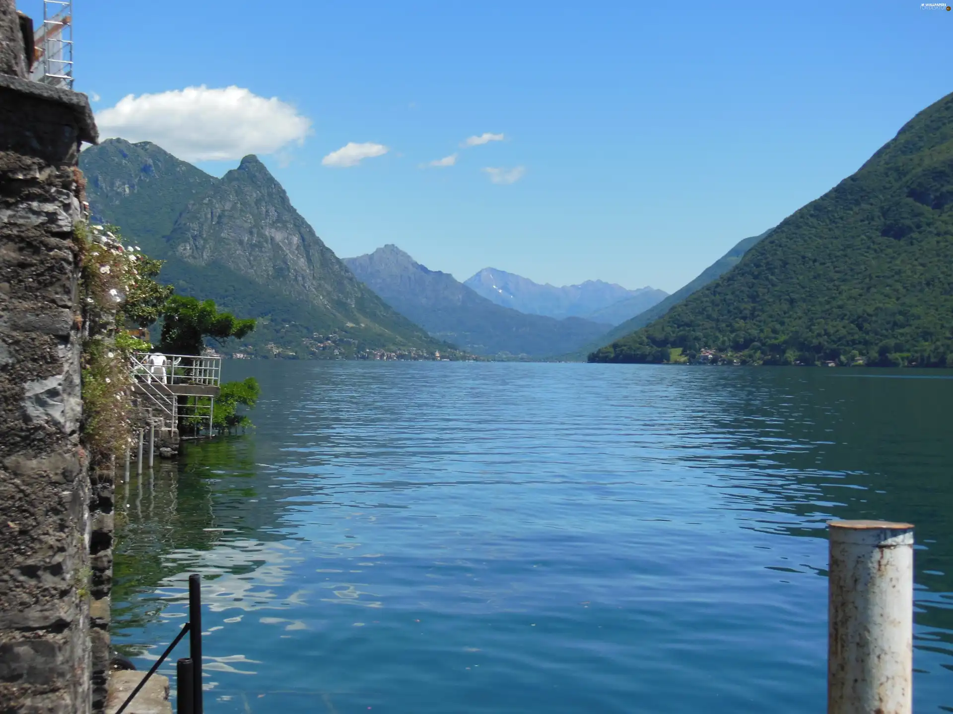 water, Mountains, Lugano, Switzerland, Gandria