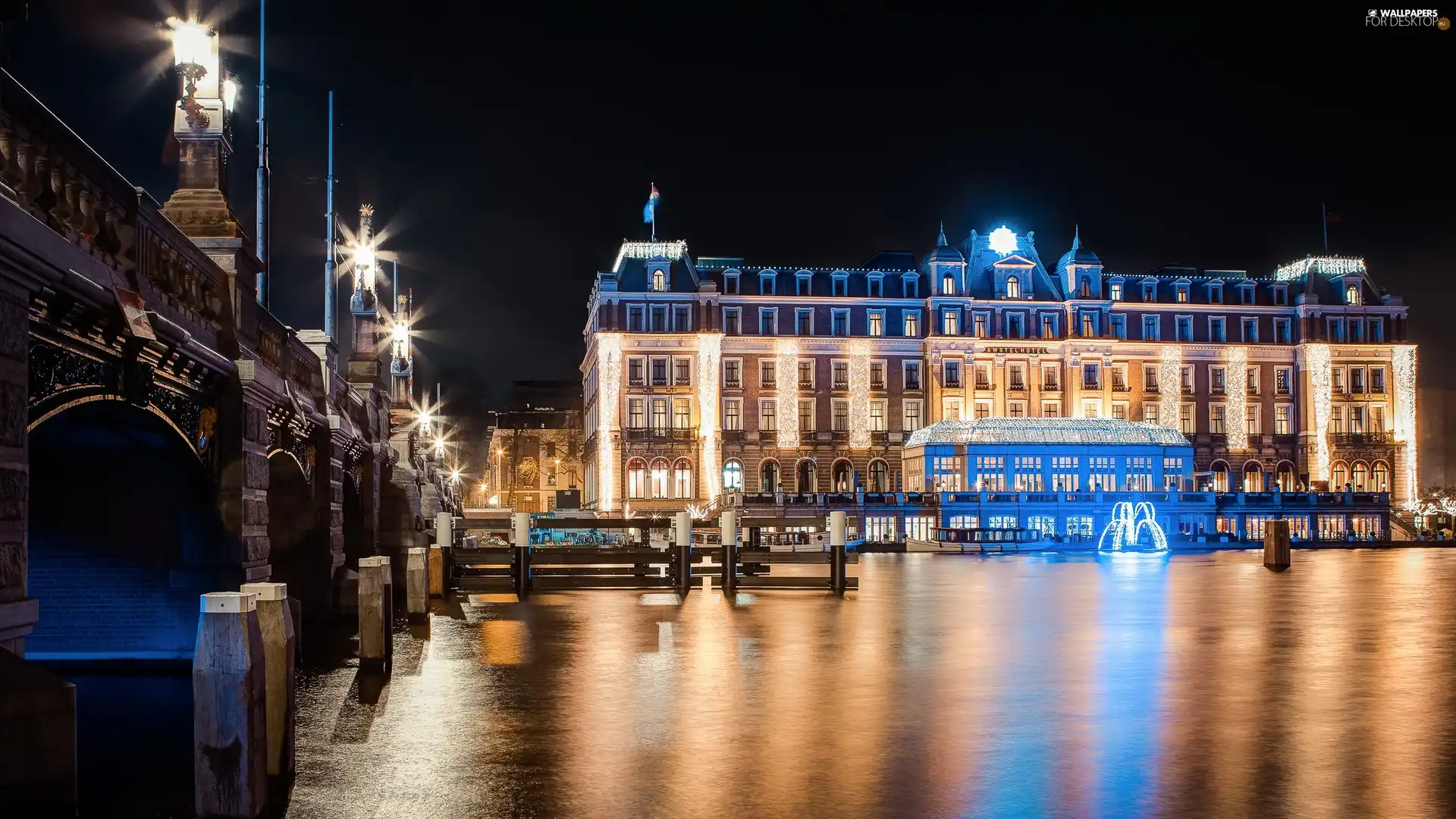 water, reflection, Amsterdam, Night, Hotel hall