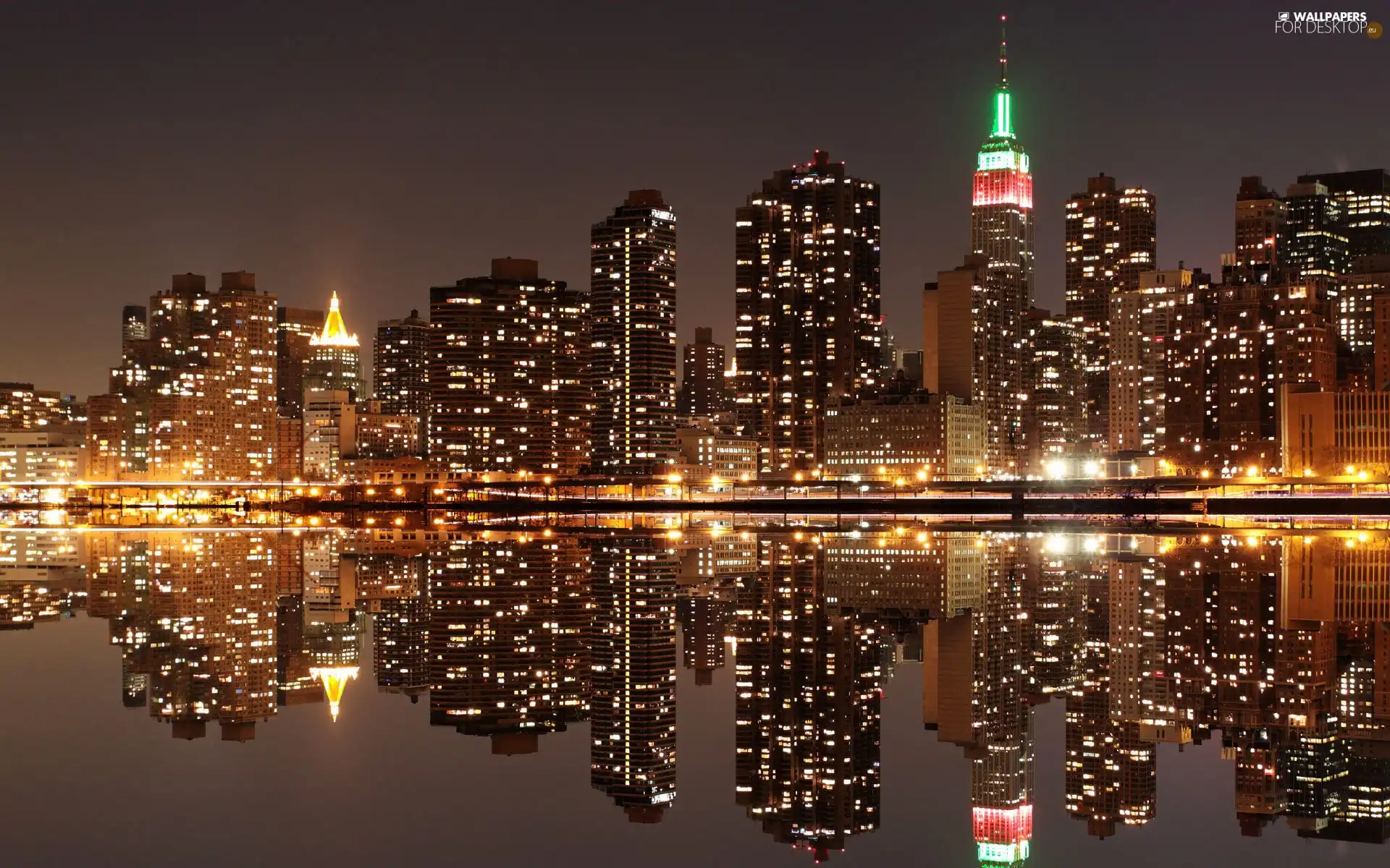 Night, panorama, water, reflection, light, town