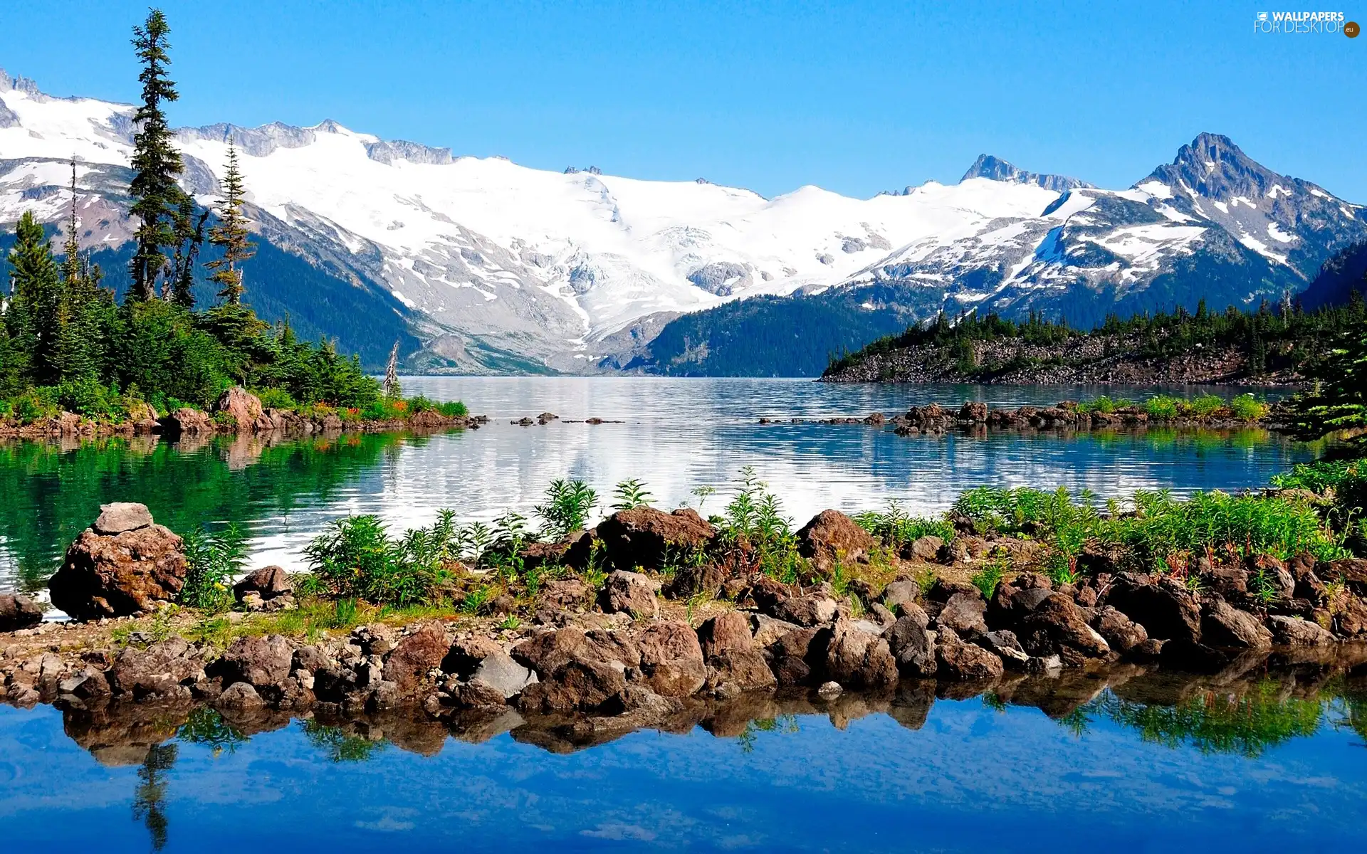 water, Stones, trees, viewes, Mountains