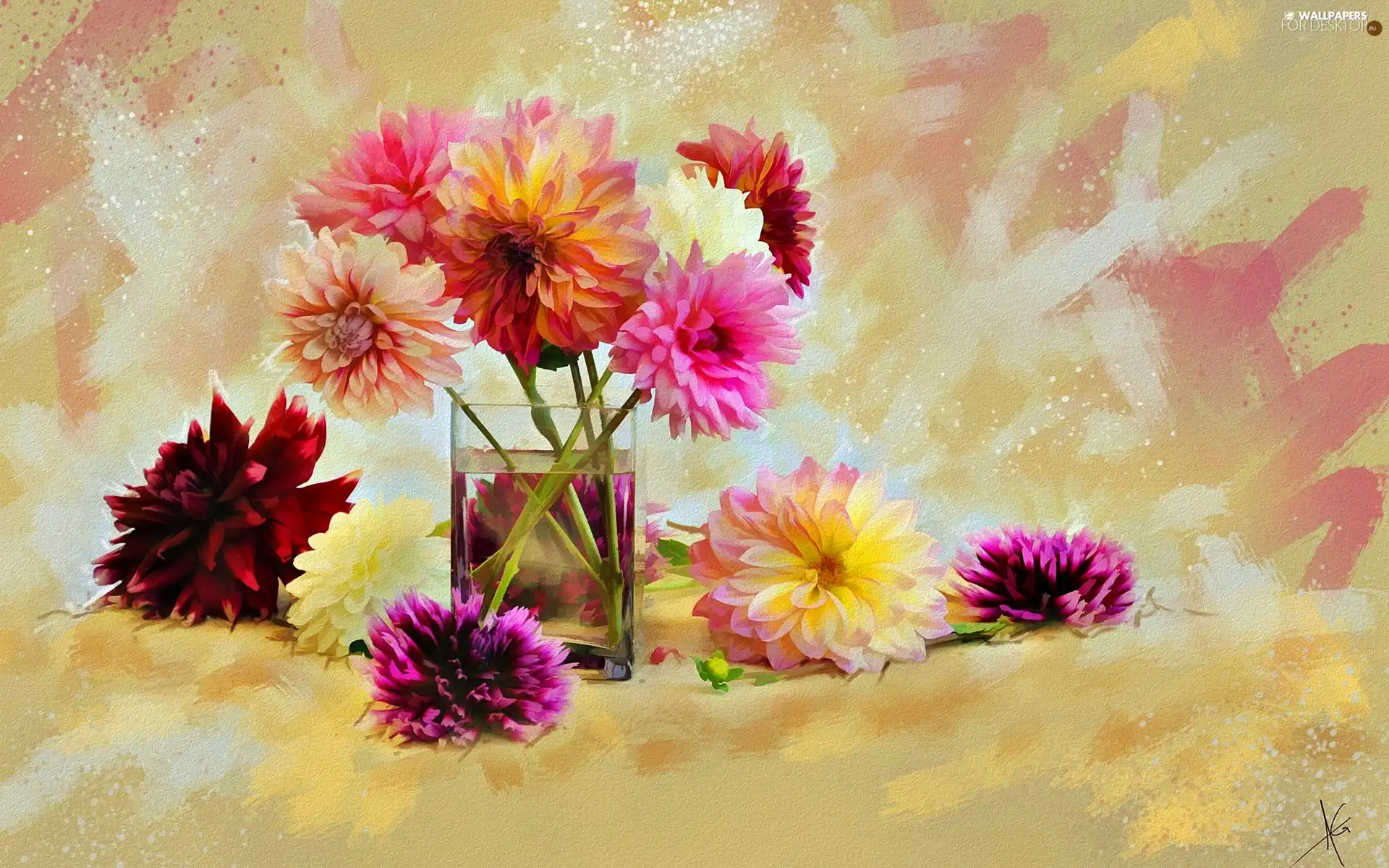 dahlias, picture, watercolor, Flowers