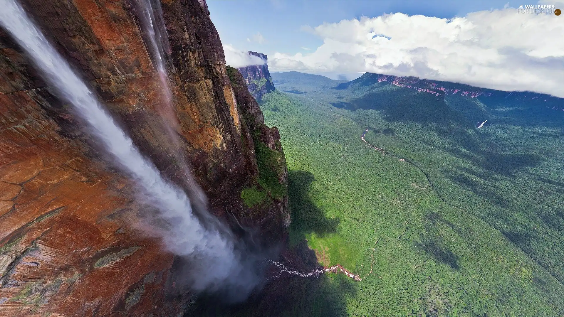 waterfall, rocks, clouds