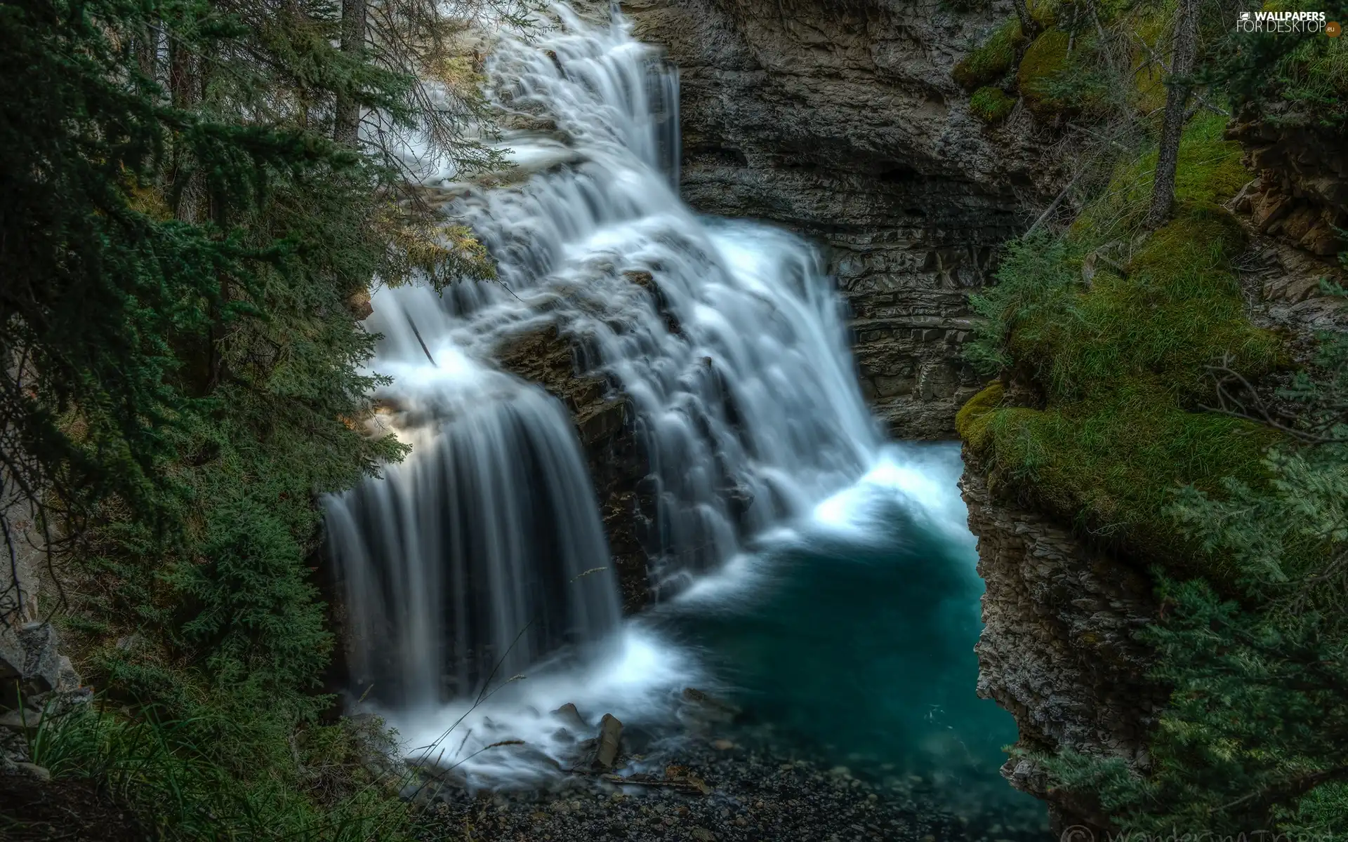 waterfall, rocks, River