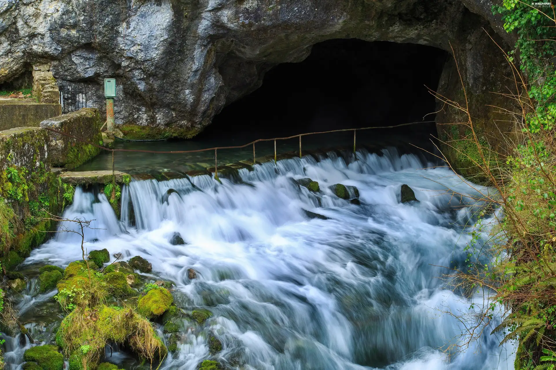 rocks, cave, waterfall, River