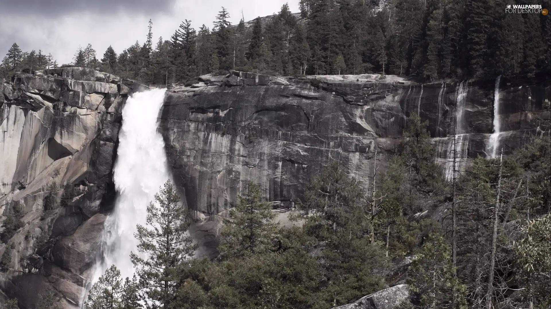 rocks, viewes, waterfall, trees