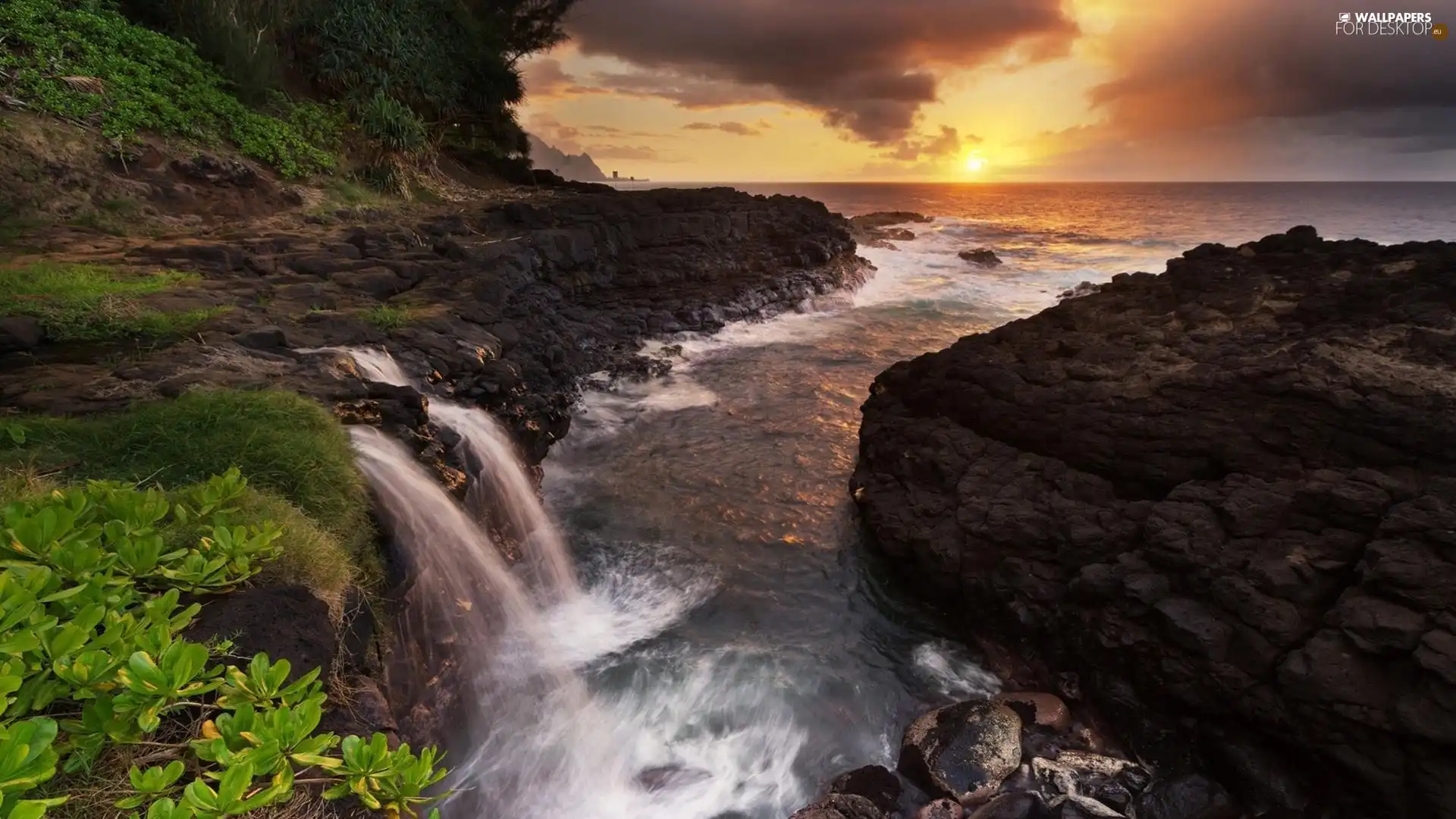 waterfall, rocks, sun, sea, west