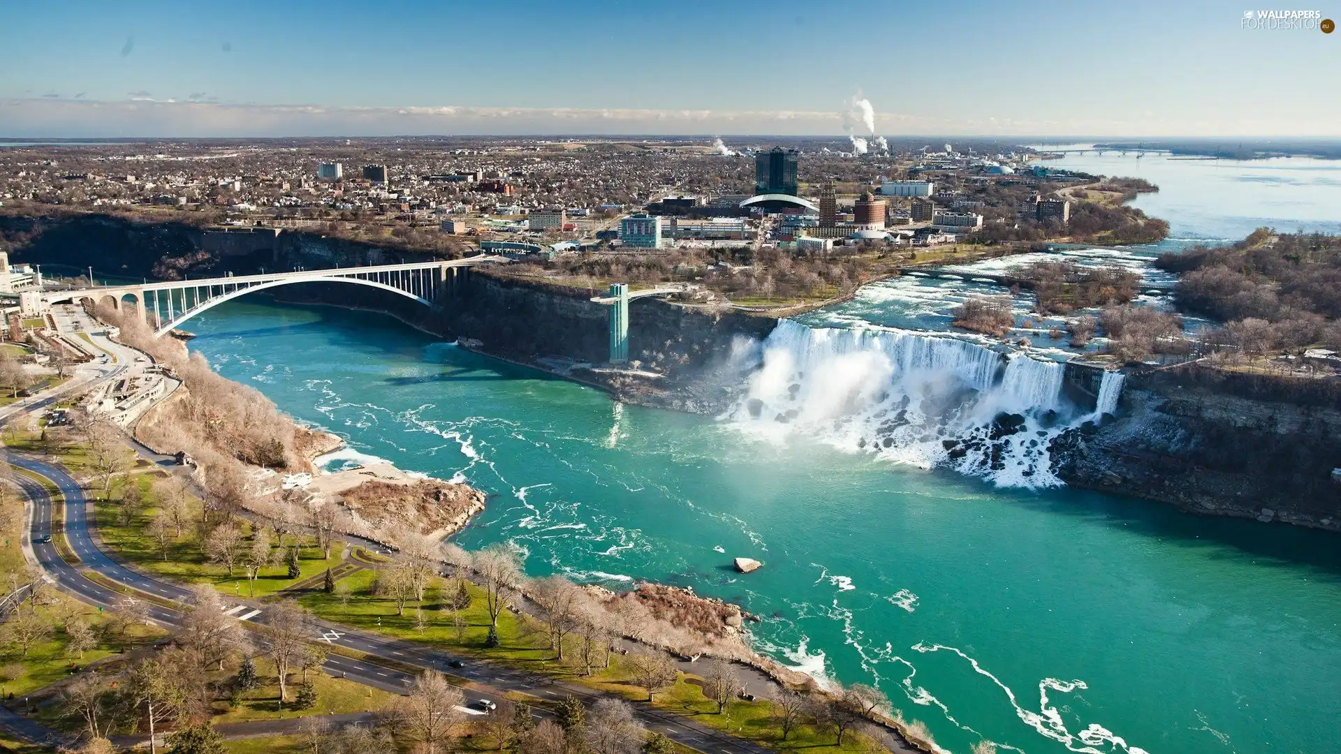 waterfall, panorama, town