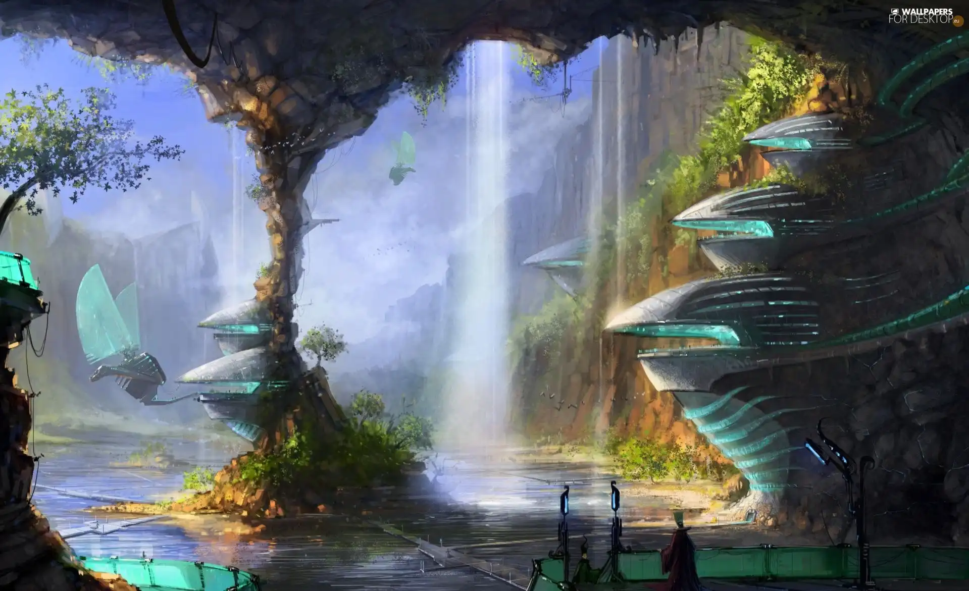 waterfall, land, vessels