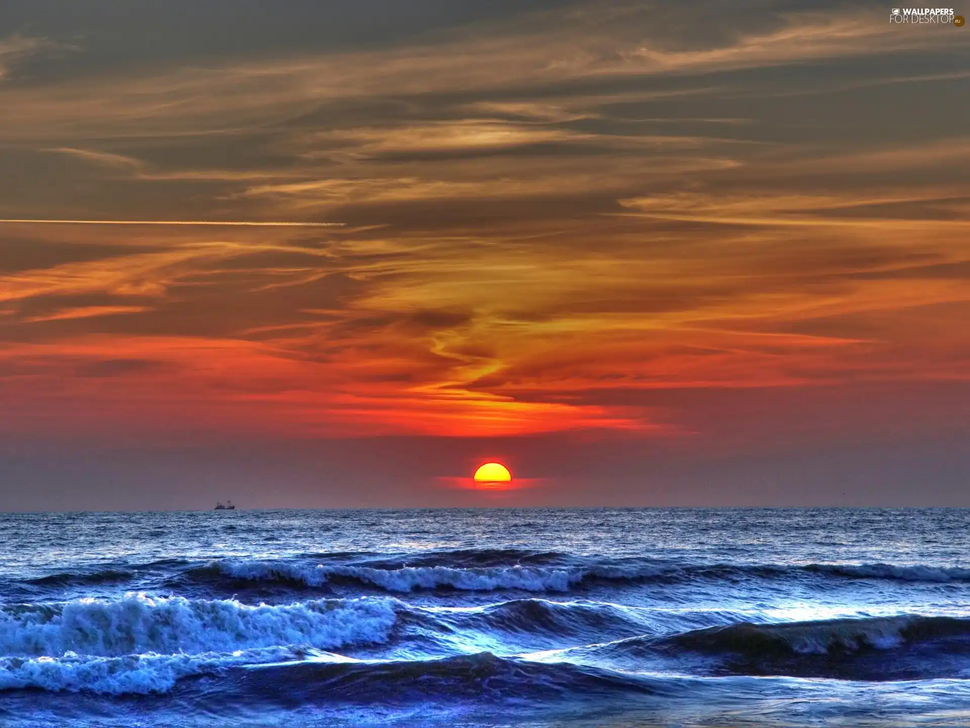 sea, sun, Waves, west