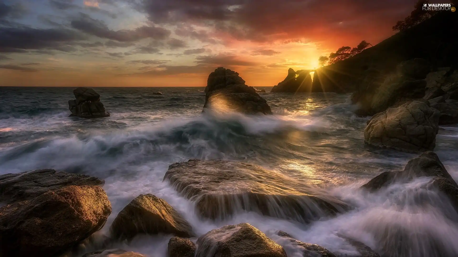 sea, Great Sunsets, Waves, rocks