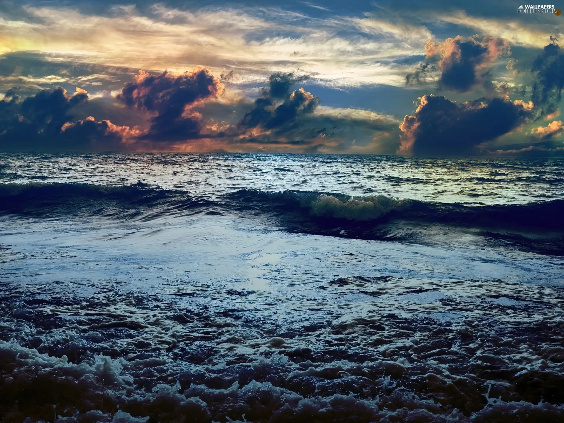 Great Sunsets, sea, Waves, clouds