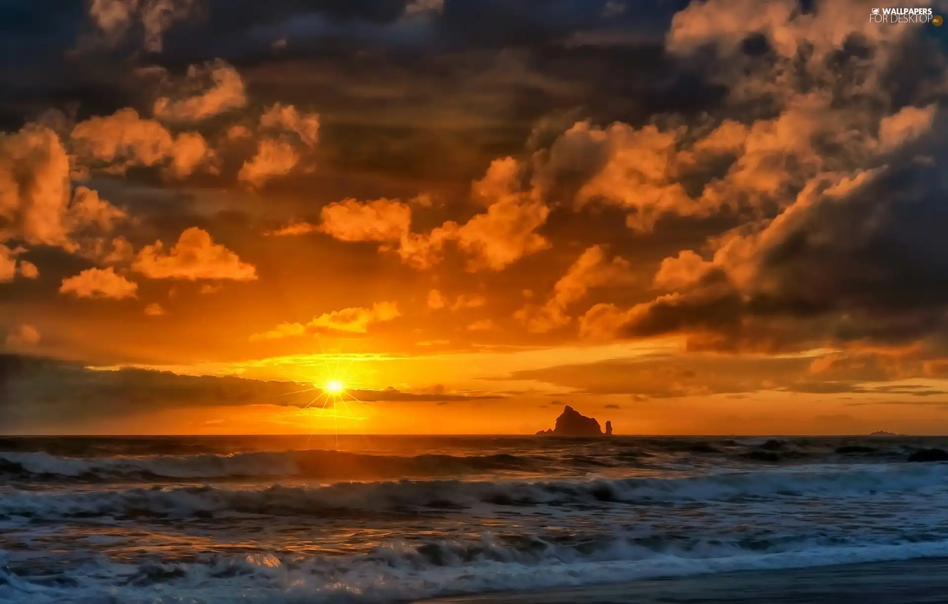 Waves, Great Sunsets, rocks, clouds, sea