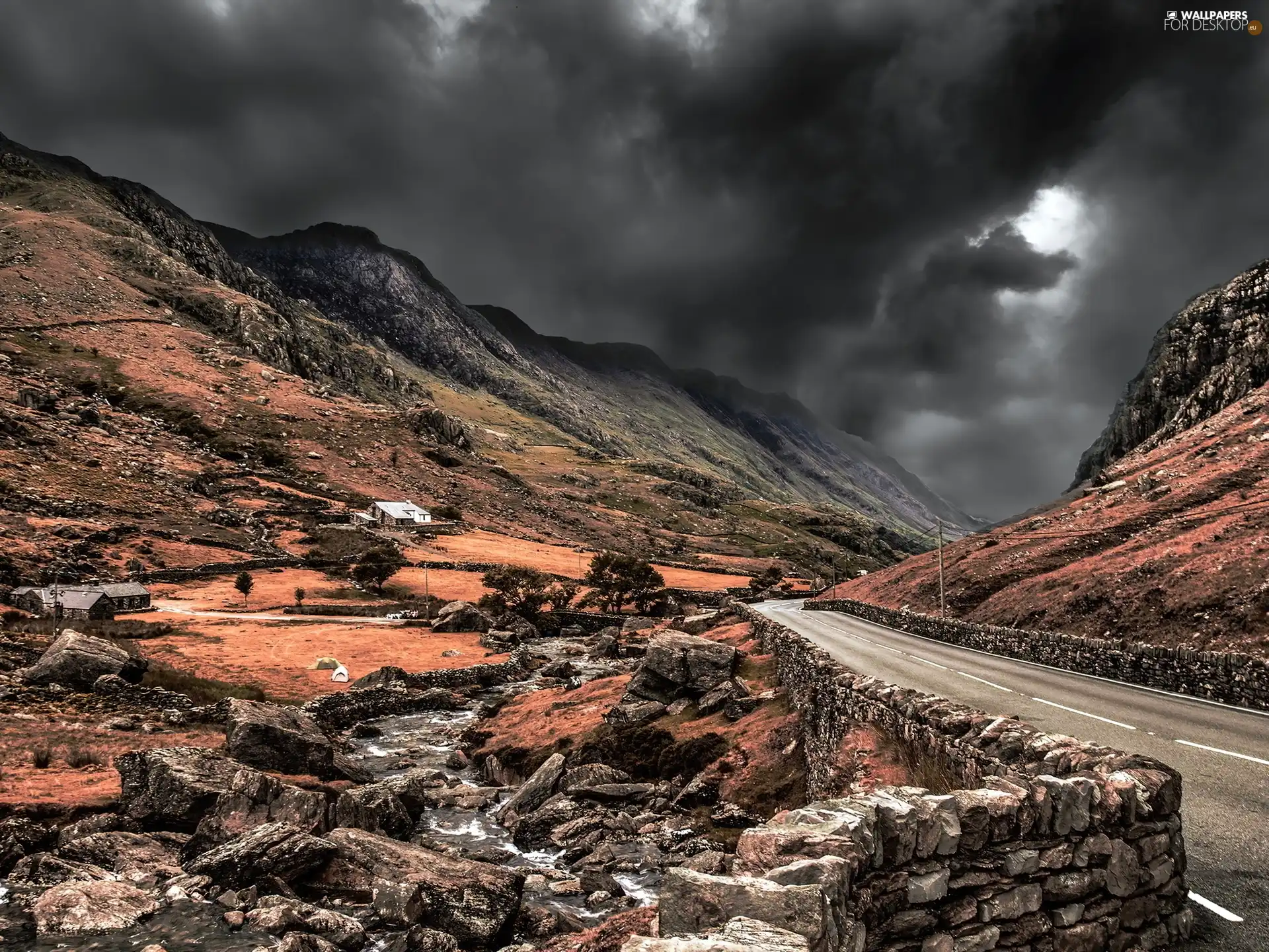 clouds, Way, rocks, Mountains, Houses, Black, Sky, Stones