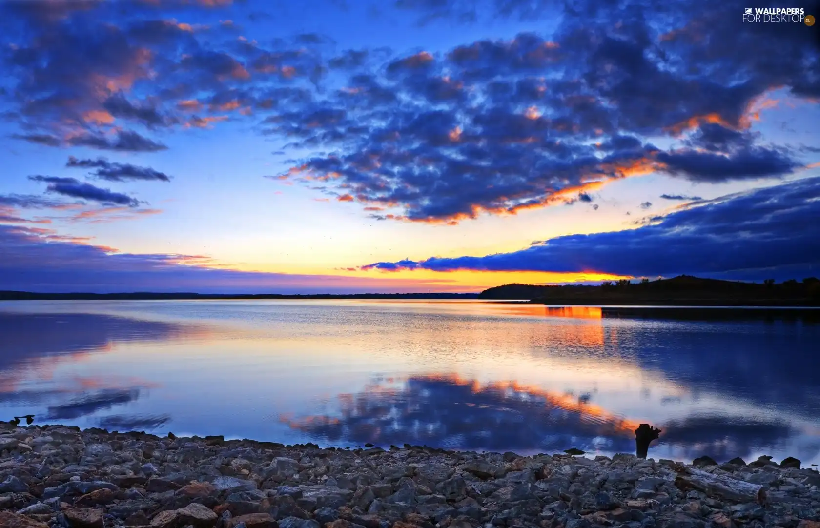 coast, lake, west, sun, clouds, stony