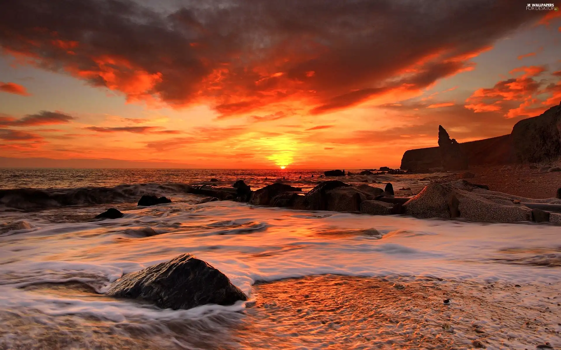 west, sun, sea, rocks, clouds