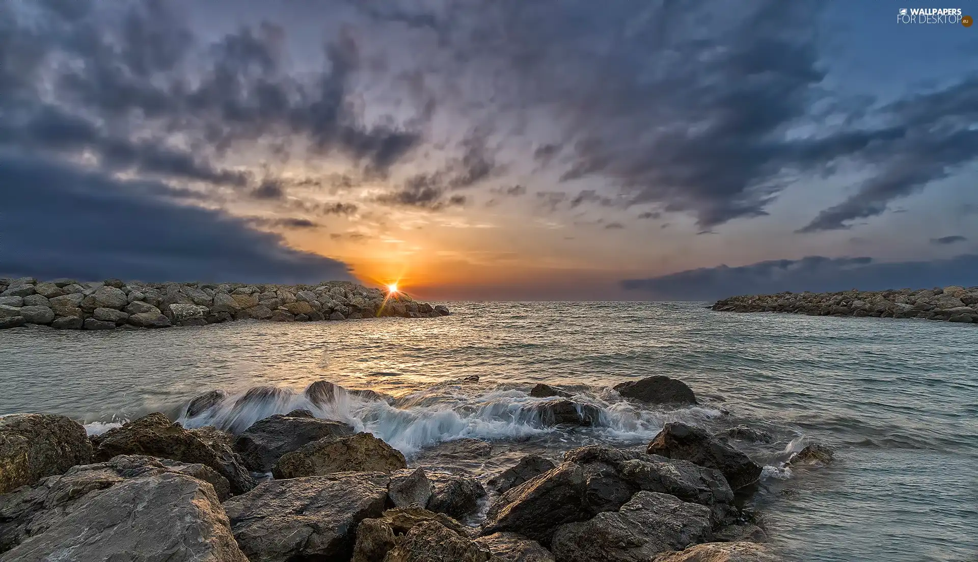 Sky, sea, west, Sun, clouds, rocks