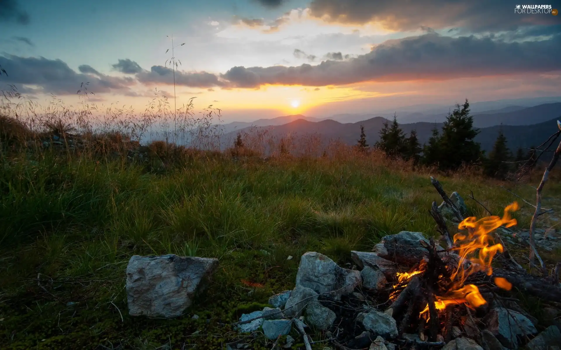 west, sun, Mountains, woods, fire