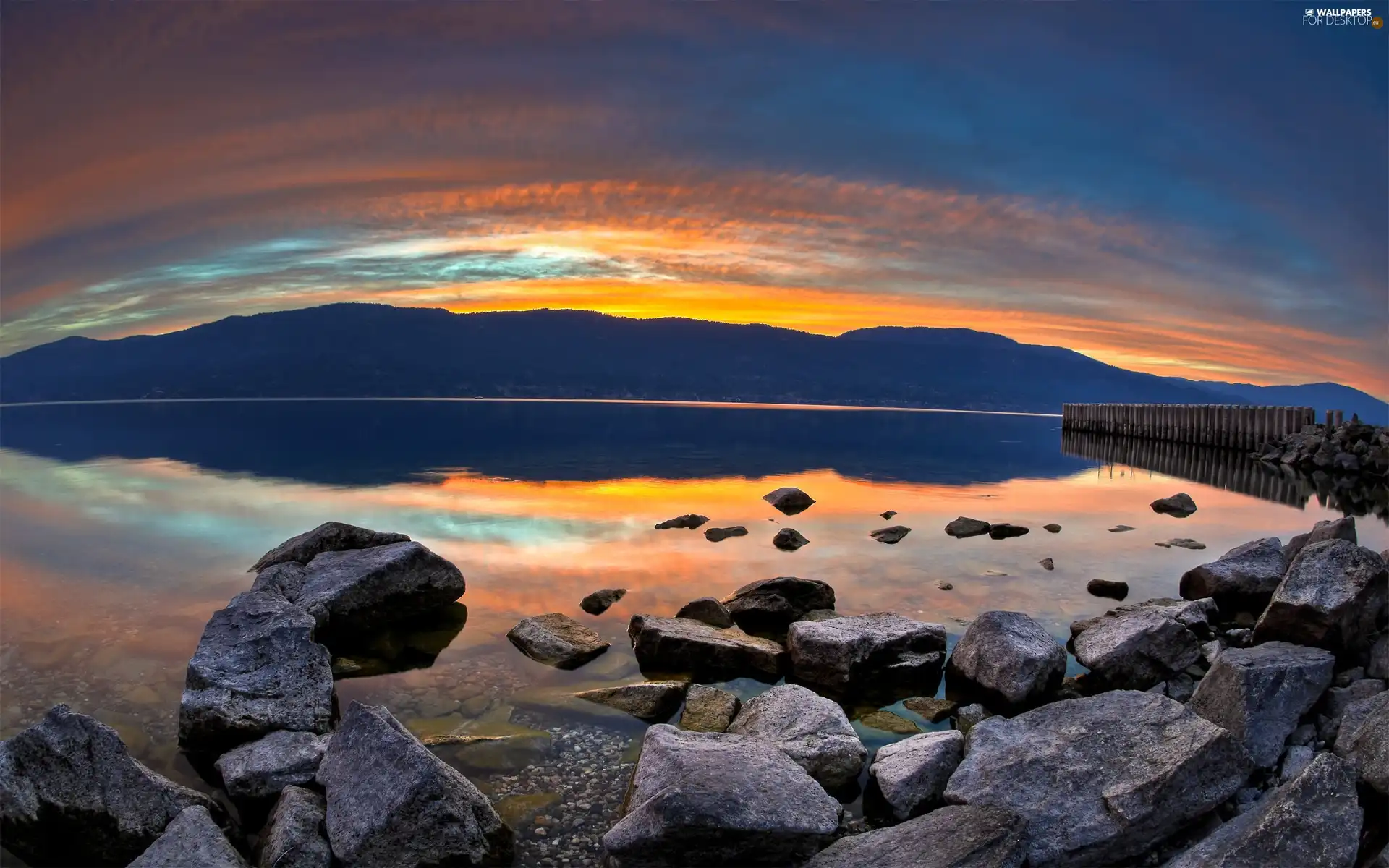 west, sun, Stones, Mountains, lake