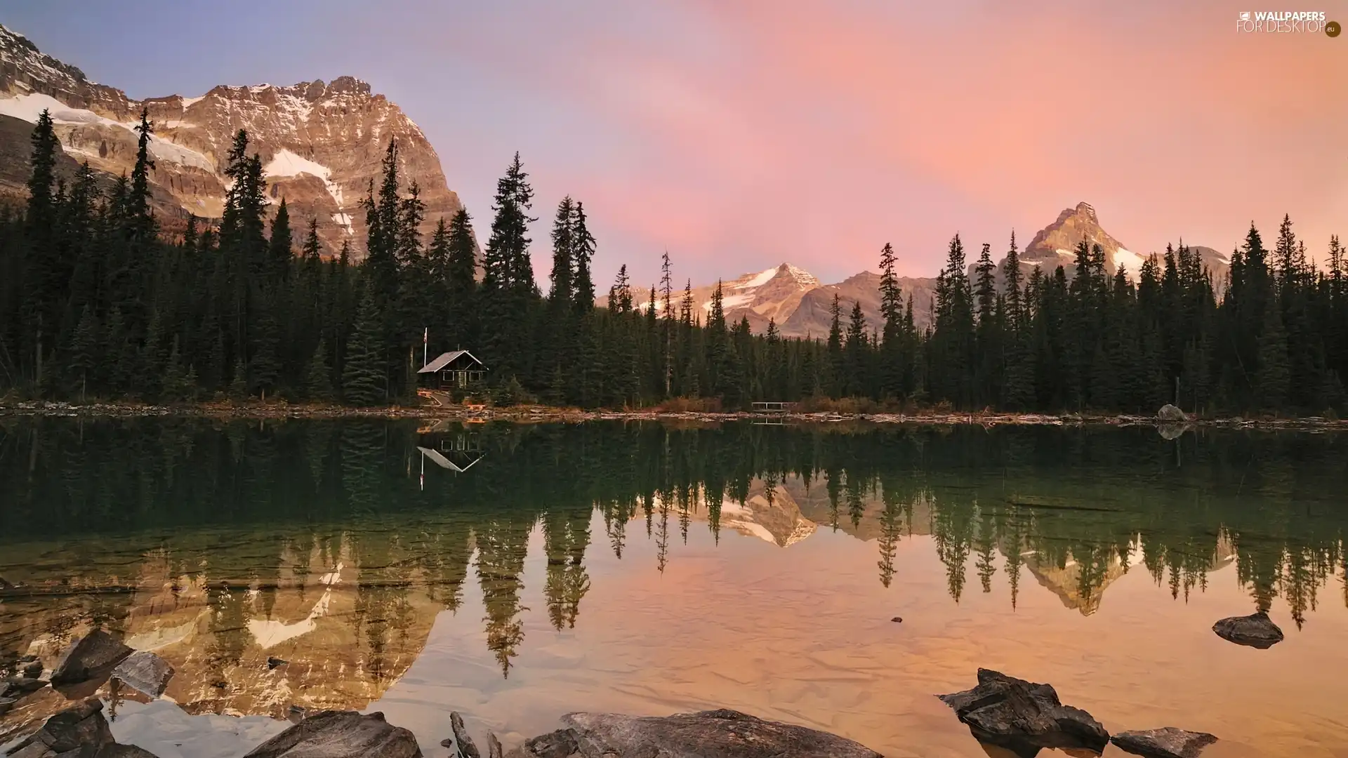 west, sun, woods, Mountains, lake