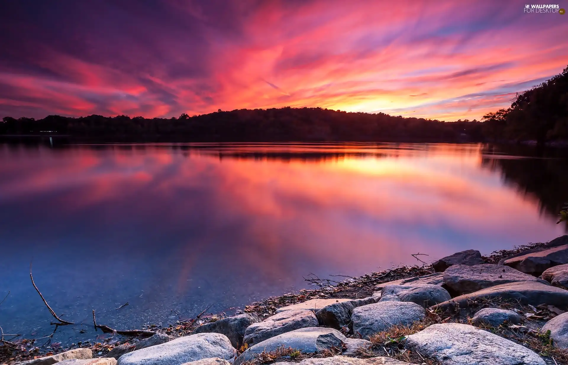 west, sun, coast, Stones, lake