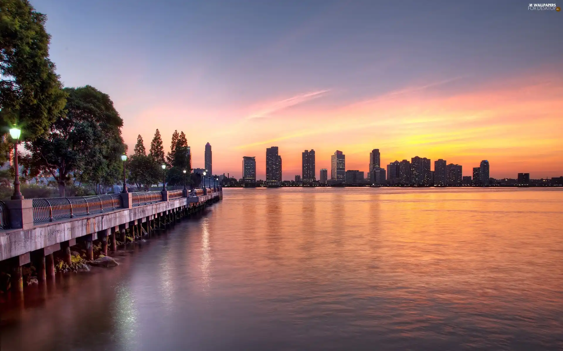 west, sun, skyscrapers, Town, promenade