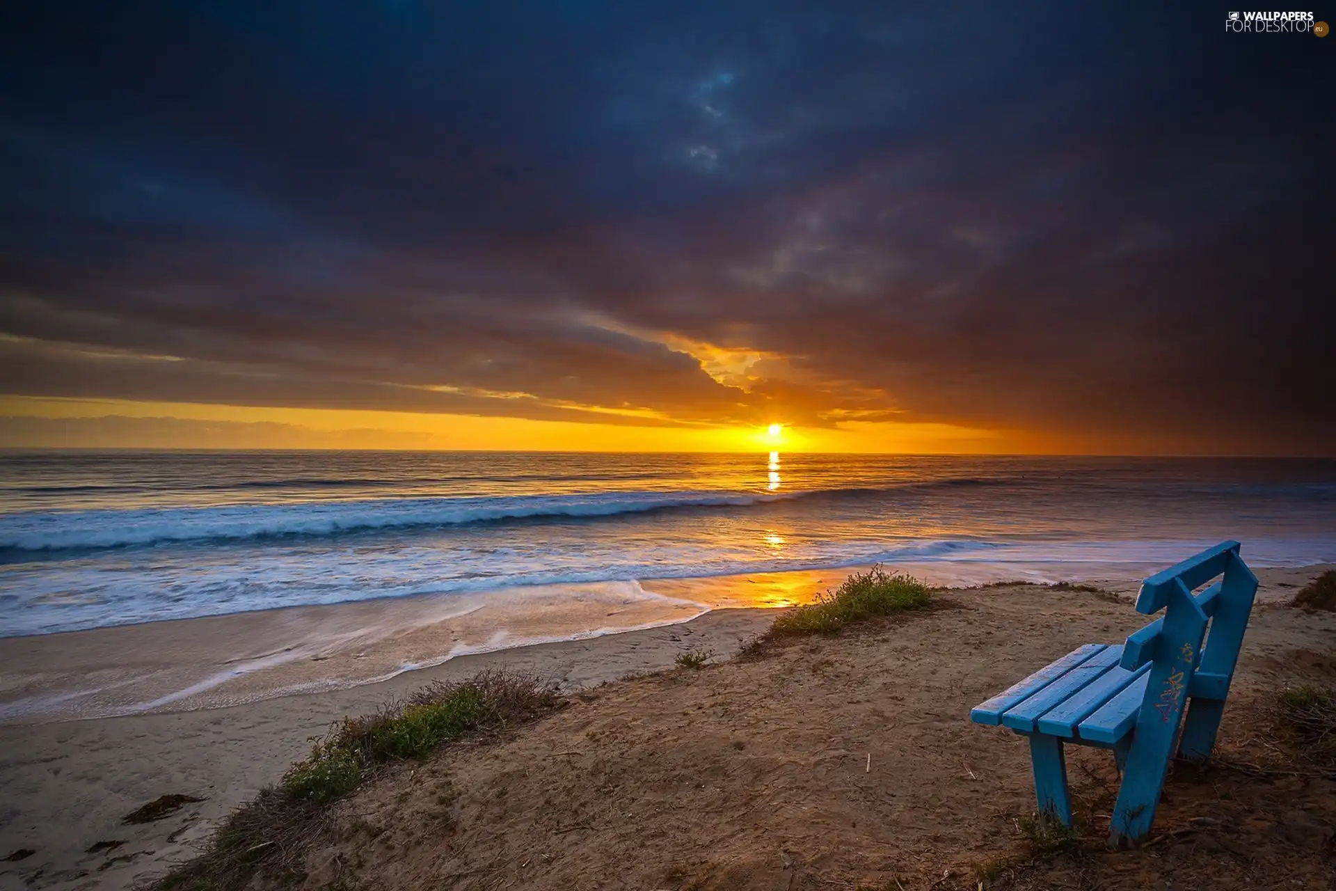 west, sun, Beaches, Bench, sea