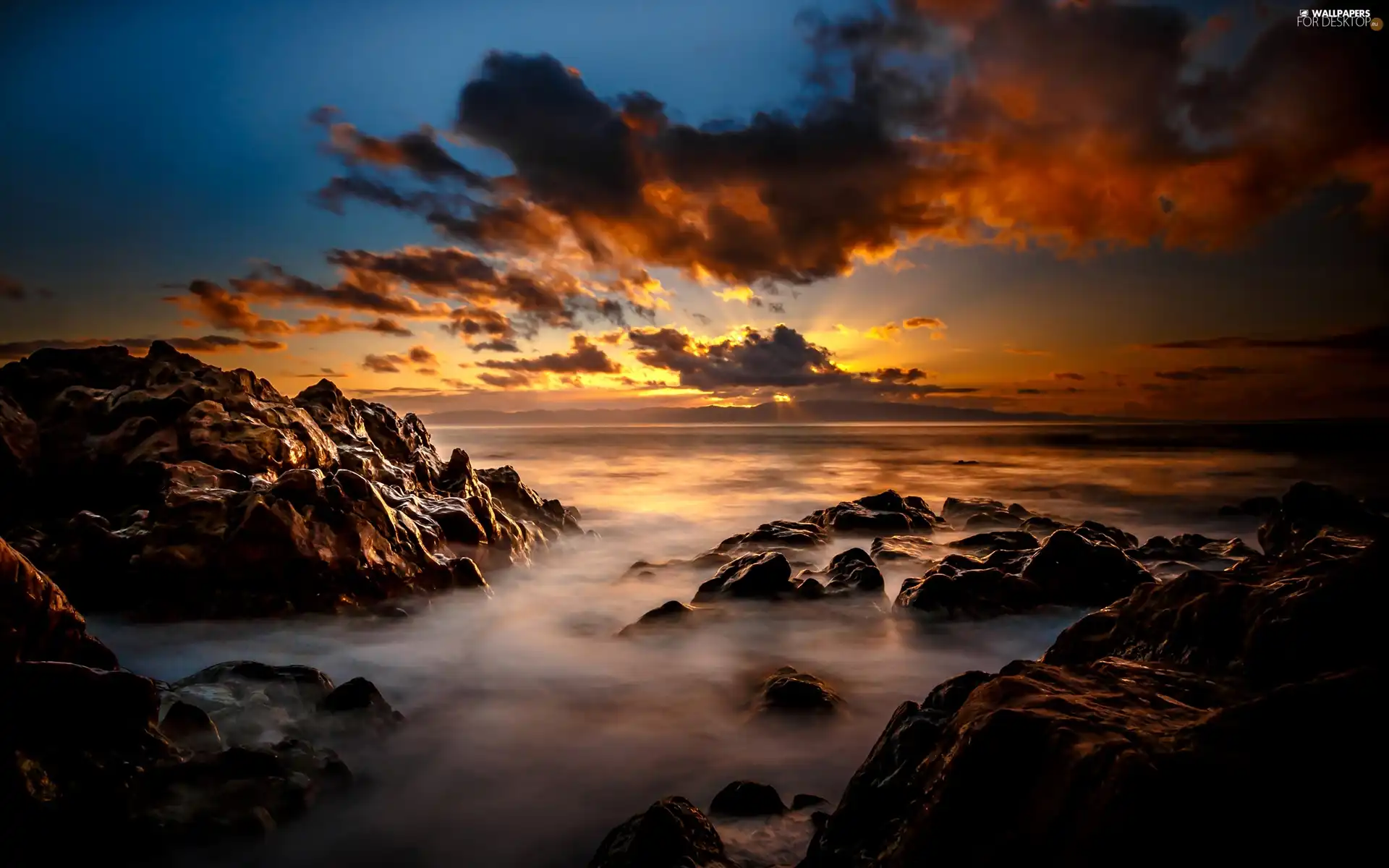 west, sun, rocks, clouds, sea