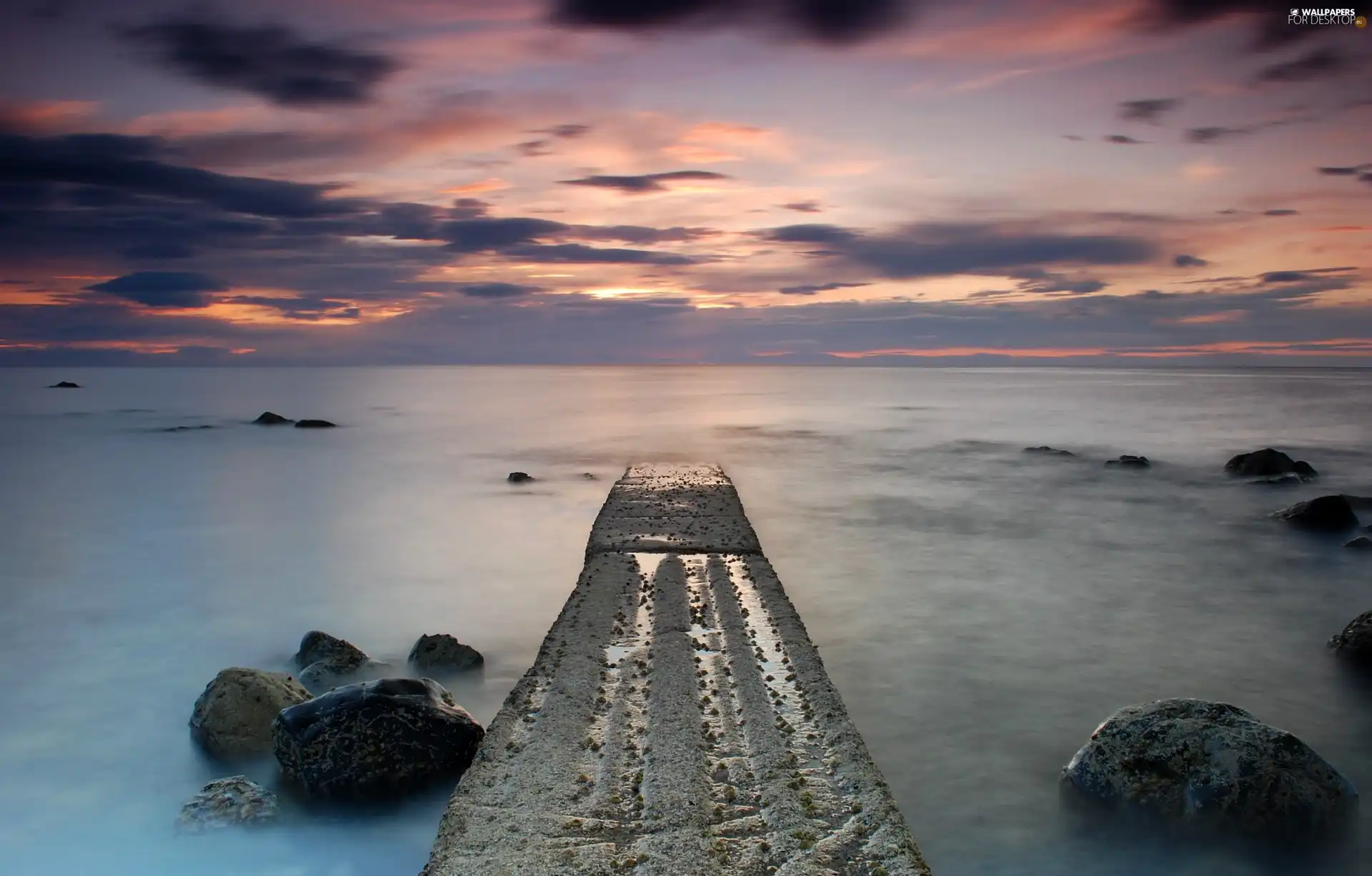 west, sun, Stones, clouds, sea