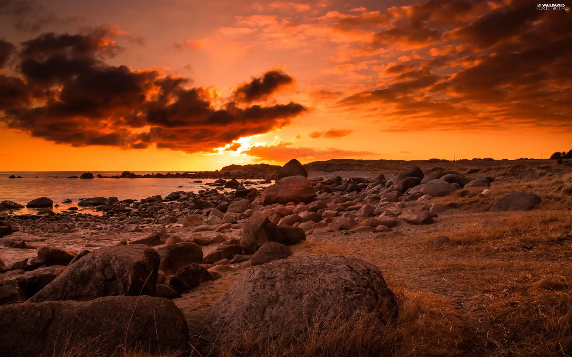 west, sun, coast, Stones, sea